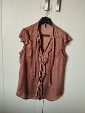 Camicia donna tg.M Benetton pois marrone simil satin con rouches e fiocco Moda