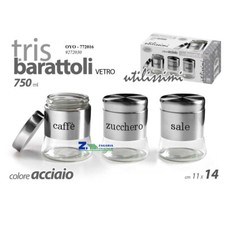 SET TRIS CONTENITORI IN VETRO 750 ml COLORE ACCIAIO CAFFE' ZUCCHERO SALE Cm11