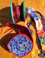 CUSTODIA BROCCATO TAMBURO MANUALE RITUALE DAMARU CHOD LEGNO TRADIZIONALE BUDDISTA TIBETANO