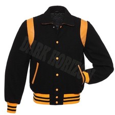 Giacca da basball bomber Varsity Letterman College nero lana oro pelle righe