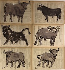  6 Disegni a  china e pastello  su foglio vecchio libro 20x30 - NC1528