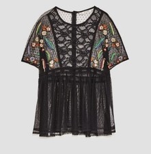 Blusa donna Zara ricamata floreale manica trasparente plumetis nera - S