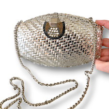 Borsa da sera vintage rara RODO Italy tessuto metallo tono argento con tracolla catena