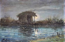 Capanno pesca sul lago - Dipinto Originale Millus Mario Illusi - Fishing cabin