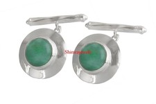 Gemelli In Argento Placcati In Oro Bianco 18K In Onice Verde Naturale #111