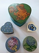 Lotto 5 scatole decorate a mano cuore tonde rotonde decoupage dipinte fiori