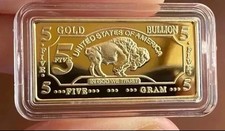 BUFFALO AMERICANO LINGOTTO DA 5 GRAMMI 100 MILLS PLACCATO ORO FINO GOLD 999/1000