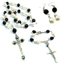 Set Collana rosario nero da donna con croce braccialetto orecchini perla zirconi