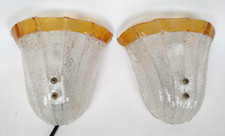 2 Applique Campane Vetro Murano Mazzega Incolore Pulegoso Bordo Ocra h20cm -764