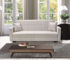 DIVANO LETTO CON CONTENITORE RECLINABILE MICROFIBRA BIANCO CUSCINI BRACCIOLI ITA