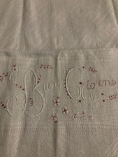 Antico asciugamano di fiandra di lino ricamo a mano BUON GIORNO con frangia