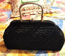 Borsa Vintage anni 50 in paglia rafia intrecciata nera e manici in metallo