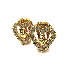 RARO Christian Dior Orecchini Cuore Vintage Oro Strass Gioielli Auth