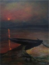 "Barca e tramonto rosso" acrilico originale dipinto a mano arte 16,5x11,7 pol...