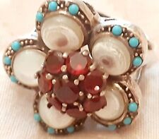 Stupendo Anello Fiore Granati Madreperla Turchese Marcasite Vintage