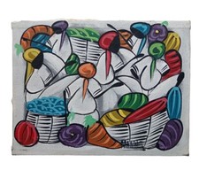 *HH* Antico Quadro Dipinto Olio Tela Etnica Donne Tribale Haiti Batik Haitiano