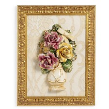Quadro fiori porcellana Capodimonte con oro fatta a mano in Italia cornice legno