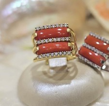 Anello Regolabile Da Donna In Argento 925 Con Fasce In Corallo E Zirconi