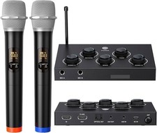 (K203)Set Sistema Mixer Microfono Karaoke Portatile, con Doppio Wireless UHF...