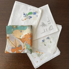 5 FAZZOLETTI DONNA VINTAGE cotone, 4 ricamo di fiori orlino ritorto e 1 stampato