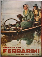 PUBBL. 1939 IMPERMEABILI FERRARINI ROBERTO LEMMI CACCIA CANE ANATRE LAGO STAGNO