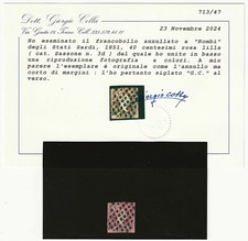 1851 Antichi Stati Sardegna - 40 c. rosa lilla I emiss. certificato Sassone 3d