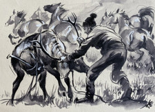 2 x disegno originale Wilhelm renna propria cavalli acquerello penna firmato