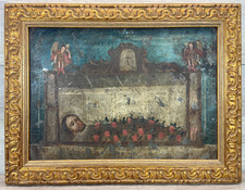 Antique Mexican Retablo Saint in Coffin Angels Mourning 1850 Oil on Tin Folk Art