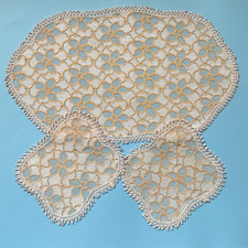 Set 3 centrini vintage merletto pizzo meccanico ovale quadrati giallo bianco