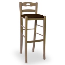 Sgabello h80 in legno noce chiaro con manico seduta imbottita similpelle marrone