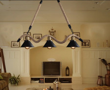 Lampadario a sospensione 3 luci attacco E27 con corda di canapa campane nere sti