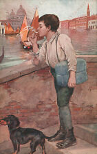 Bambino sigaretta fumatore con cane laguna veneta Venezia Cartolina illustrata