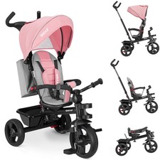 Triciclo per Bambini 5in1 Cappottina Pedali e Manico Antiscivolo Ergonomico Rosa