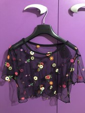 Maglia Donna Ragazza Trasparente Elegante Occasione Corta Fiori Nera Tulle 