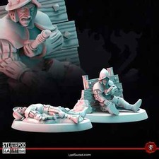 3 miniature Swordmens Casualties + muretto 28mm DA DIPINGERE -NO BASI