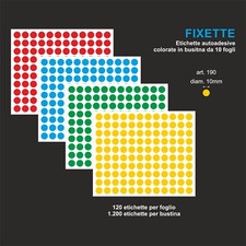 bollini COLORATI adesivi  diam. 10mm bustina da 10 fg 1.200pz. disp. 4 col