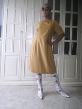 Abito donna Tubino XL / 46 IT maniche corte misto lana ocra Vintage sartoriale