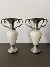 Coppia di mini anfore mini vasi in onice e peltro vintage. Misure 15x7x22cm