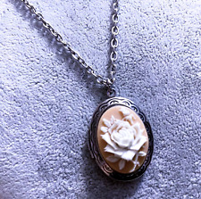 Collana donna Portafoto ovale Rosa Rossa Bianca Cammeo 18x25mm argento acciaio