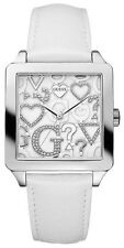 Nuovo Guess Orologio Bianco Perla Pelle Con 3D Logo + Cuori DIAL-U85115L1