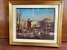 Quadro dipinto di caccia anni 70 firmato Peluso setter foxhound spaniel bracco 