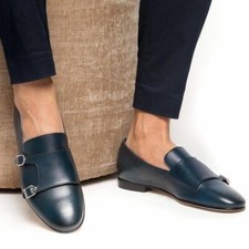 Scarpe monaco uomo punta tonda blu navy fatte a mano, scarpe eleganti uomo blu