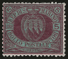 1892 San Marino - Stemma 5 l. carminio su verde scuro firmato A. Diena MNH**