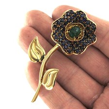 Spilla in vero ORO GIALLO 750 18k ZAFFIRO SMERALDO fiore grande vintage usata