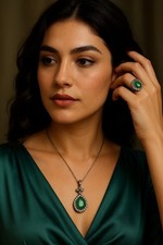 Set Gioielli Ciondolo Pendente E Anello Argento E Ottone Con Calcedonio Vintage