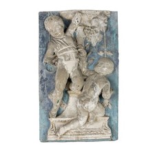 Antica Scultura Bassorilievo con Bambino e Putto Cemento Stucco Fine 800 Italia
