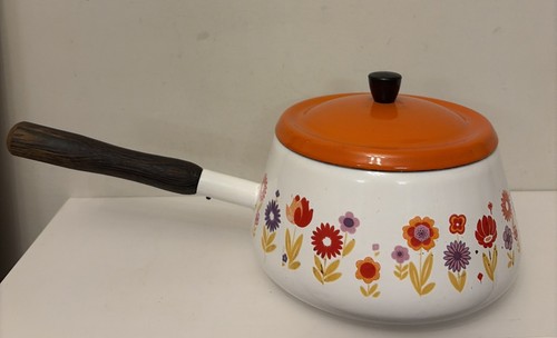Vintage enamel saucepan orange - vintage,