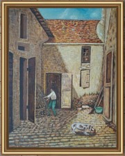 ARTE NAIF CASCINALE UOMO AL LAVORO CON CANE olio tavola ENRICO COPETTA COEN