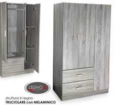 Armadio Guardaroba moderno 3 Ante battenti Appendiabiti CASSETTI OLMO 180*90*42