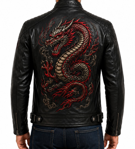 Giacca pelle ricamata drago - giacca,